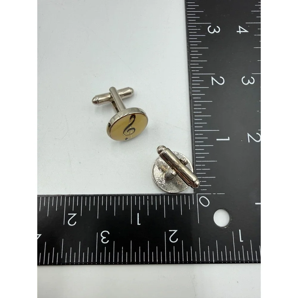 Vintage Treble Clef Music Note Cufflinks Silver Tone Cream Enamel G-Clef Round